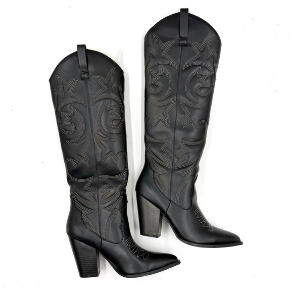 Steve Madden Linconn Boots Black Faux Leather Knee Cowboy Western Heel Sz 8 - Picture 5 of 13